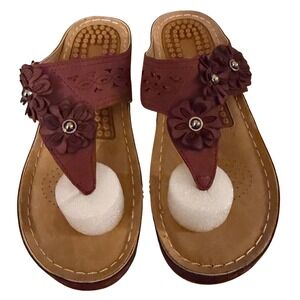 Burgundy Floral Thong Wedge Sandals Comfort Massage Footbed EU 37 Womens